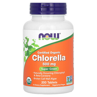 NOW Foods, Clorela orgánica certificada, 500 mg, 200 comprimidos
