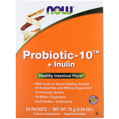 Now Foods Probiotic-10 + Inulin, Unflavored, 24 Packets, 2.54 oz (72 g)