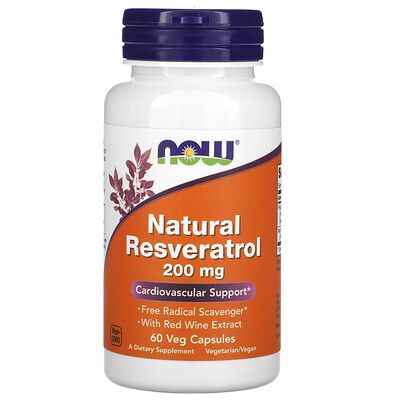 Now Foods Натуральный Ресвератрол, 200 мг, 60 растительных капсул