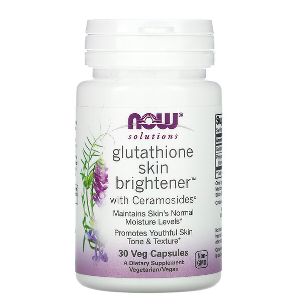 Now Foods‏, פתרונות, Solutions, ‏Glutathione Skin Brightener, ‏30 כמוסות צמחיות