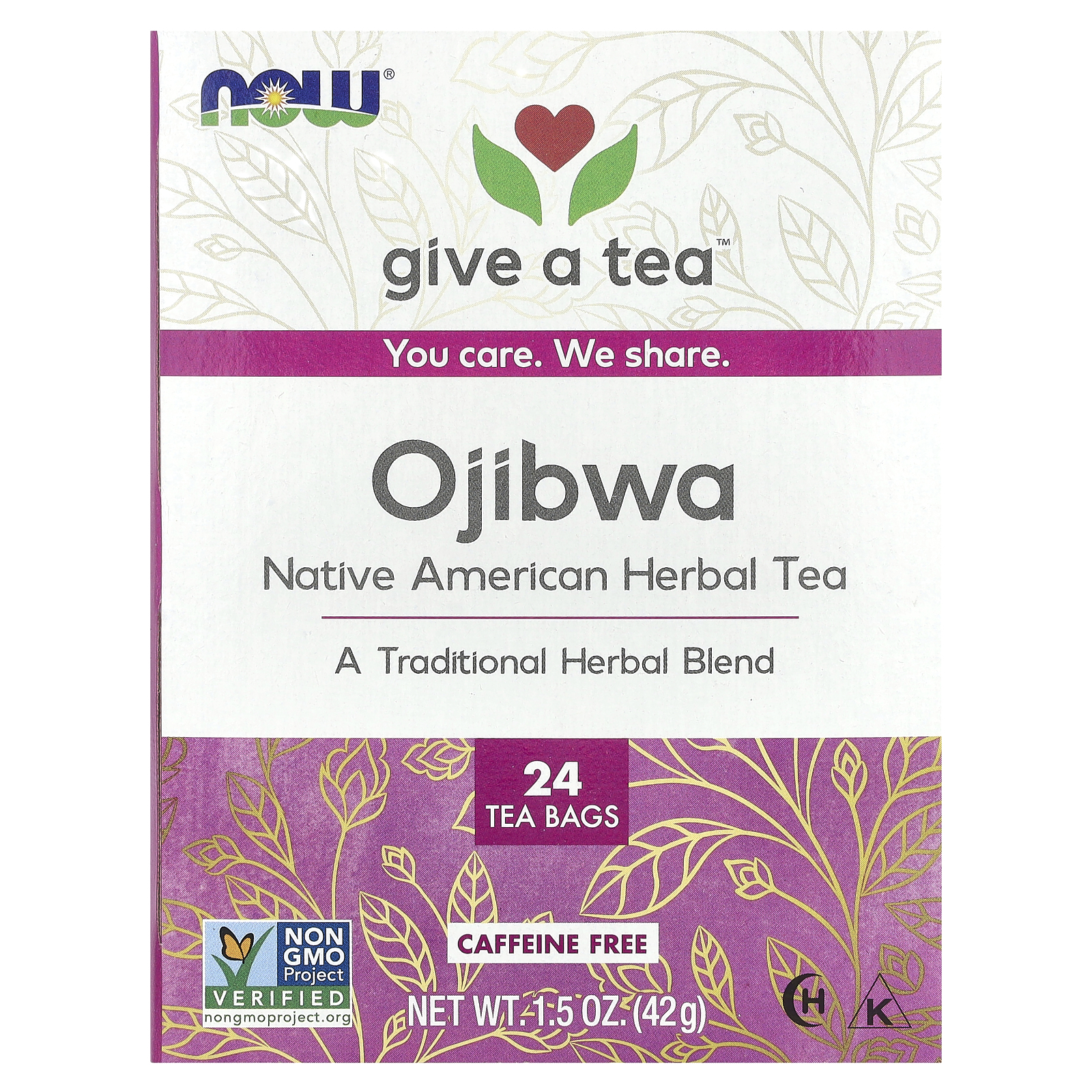 Give a Tea , Оджибва, Травяной чай коренных американцев, Без кофеина, 24 пакетика, 1,5