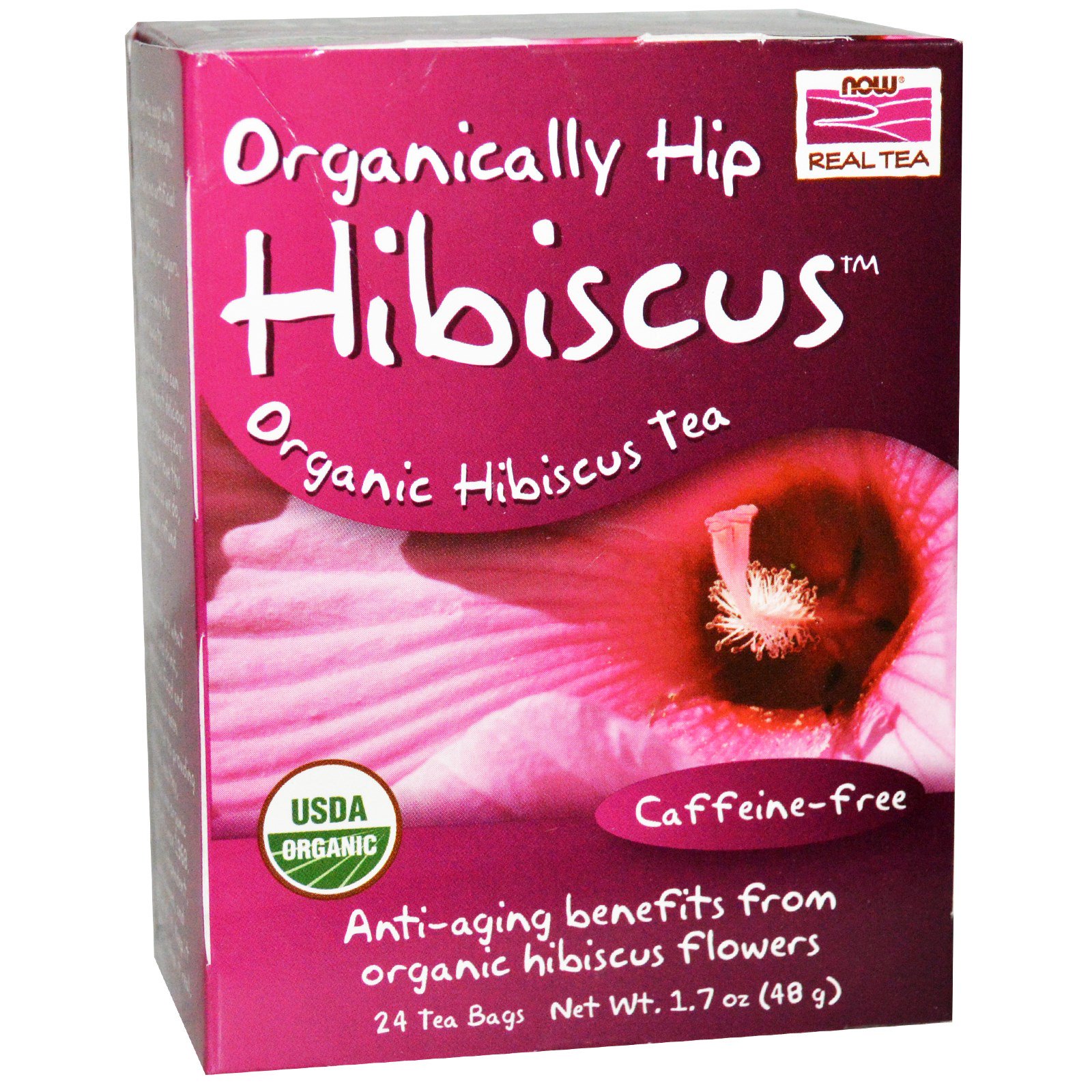 Now Foods, Настоящий натуральный чай с цветами  гибискуса, не содержит кофеина, 24 чайных пакетика, 1,7 унции (48 г)
