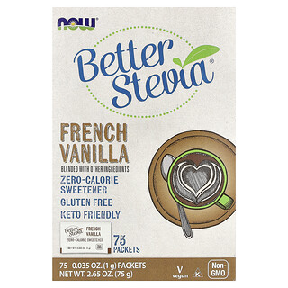 NOW Foods, BetterStevia®, Dolcificante a zero calorie, Vaniglia francese, 75 bustine, 1 g ciascuna