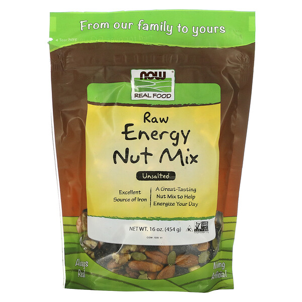 Now Foods‏, Real Food, תערובת אגוזים Raw Energy, ללא מומלח, 45 גרם