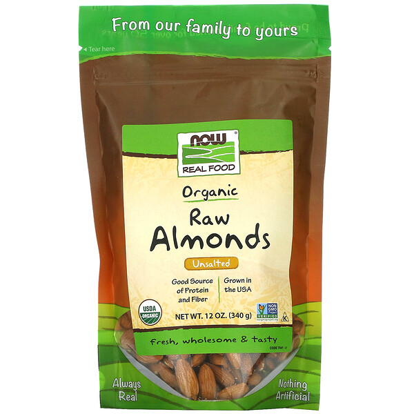 Now Foods‏, שקדים גולמיים אורגניים מבית Real Food, לא מומלחים, 340 גרם (12 אונקיות)