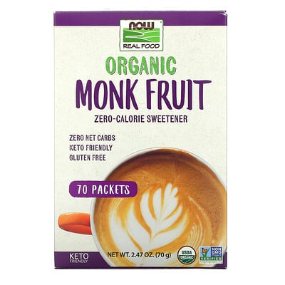 NOW Foods Real Food Organic Monk Fruit Zero-Calorie Sweetener 70 Packets 2.47 oz (70 g)