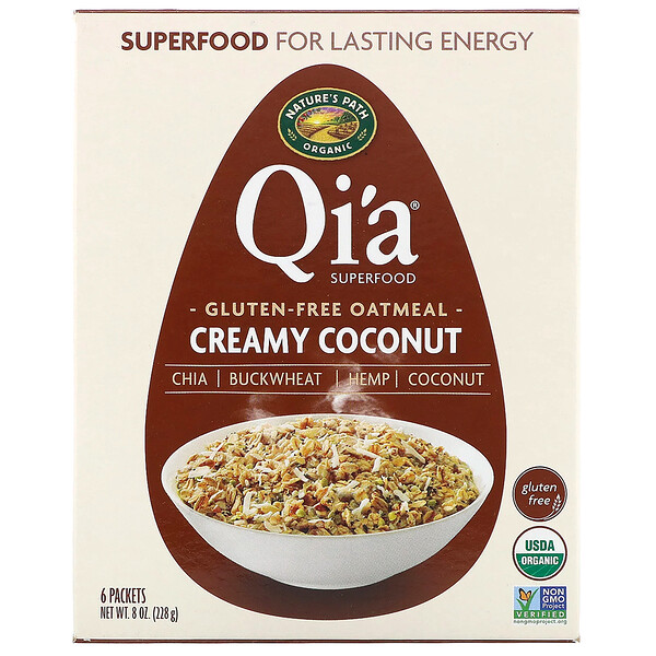 Nature's Path, Qi'a Superfood, овсяная каша, кокос со сливками, 6 пакетиков, 228 г (8 унций)