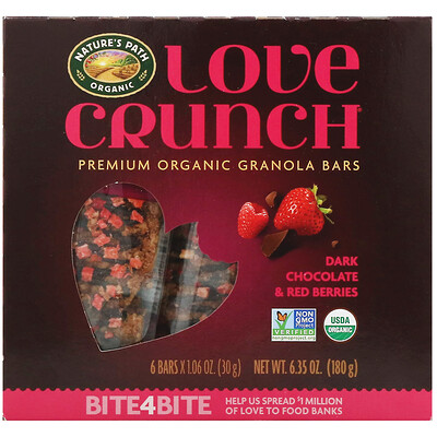 Nature's Path Love Crunch, органические батончики с гранолой премиального качества, черный шоколад и красные ягоды, 6 батончиков, 30 г (1,06 унции) каждый