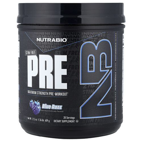 Nutrabio PRE-Workout, Stim Free, Blue Razz, 1.34 lb (609 g)