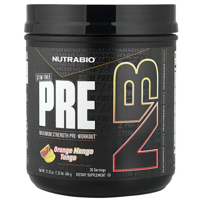 NutraBio, PREEntrenamiento, Sin estimulantes, Tango de naranja y mango, 604 g (1,33 lb)