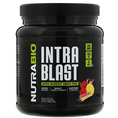 NutraBio Labs Intra Blast, заряд аминокислот для восстановления после тренировки, клубника с лимоном, 740 г