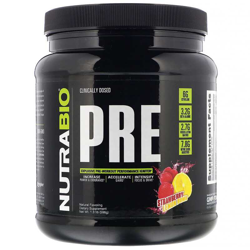 NutraBio Labs, PREWorkout, Strawberry Lemon Bomb, 1.31 lb (596 g) iHerb