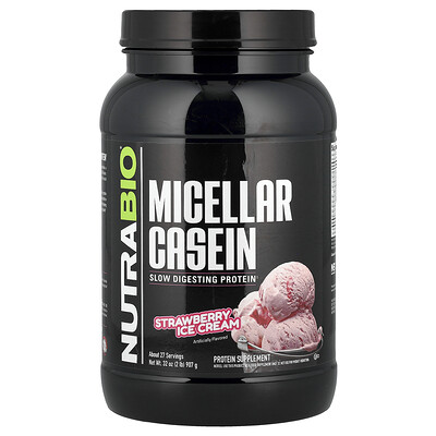NutraBio, Caseína micelar, Helado de fresa`` 907 g (2 lb)