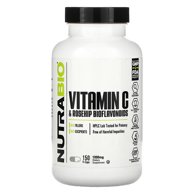 NutraBio Labs Vitamin C & Rosehip Bioflavonoids, 1,000 mg, 150 V-Caps