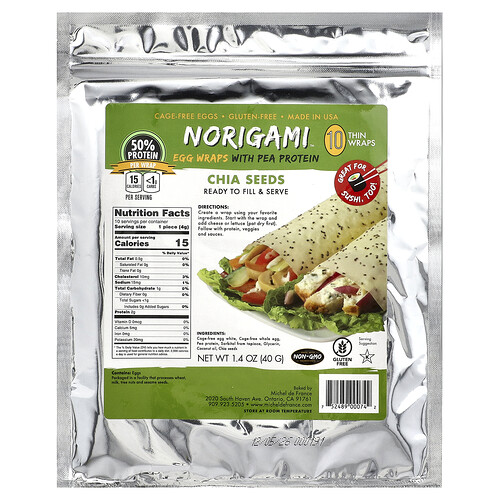 Norigami, Egg Wraps with Pea Protein, Chia Seeds, 10 Thin Wraps, 1.4 oz (40 g)
