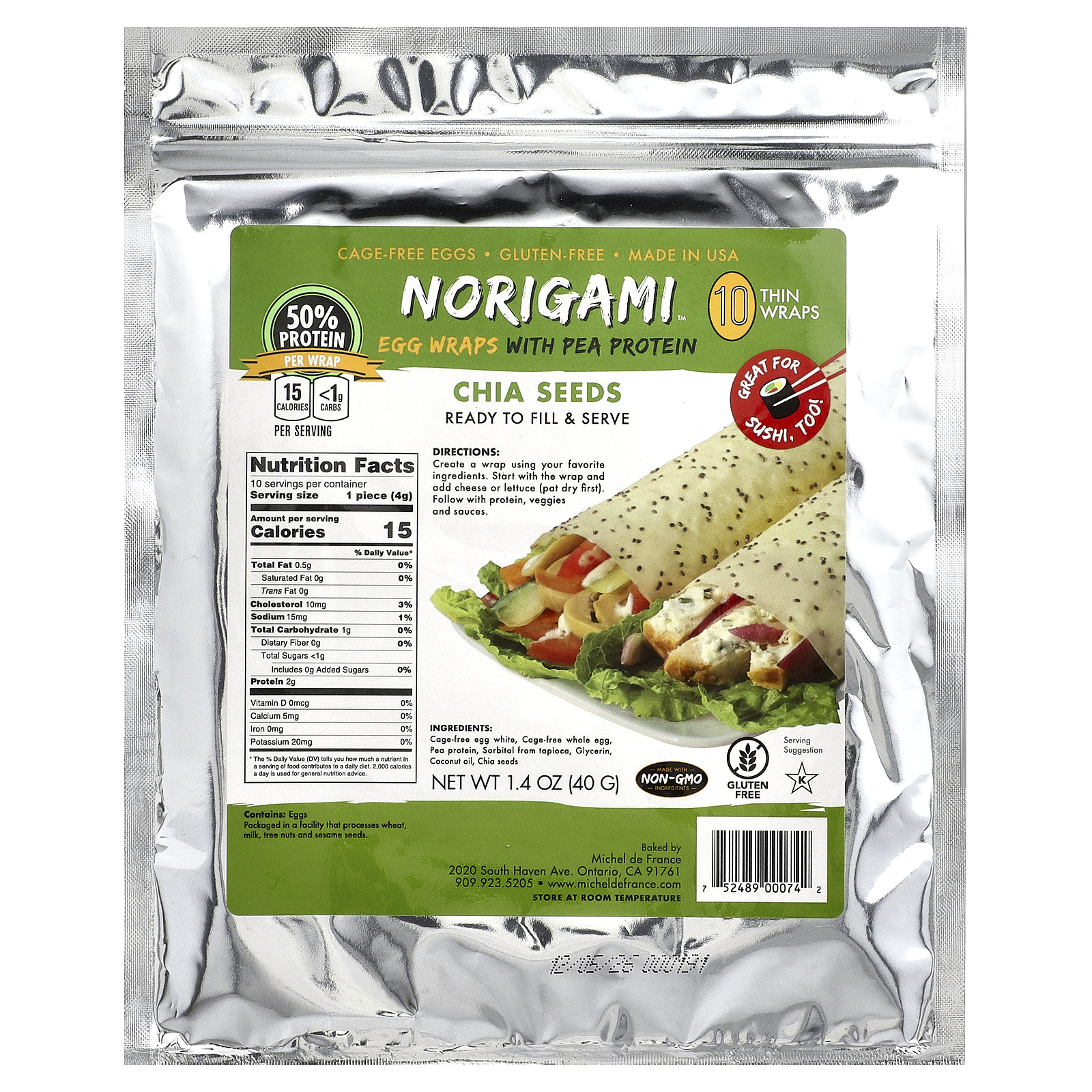 Egg Wraps with Pea Protein, Chia Seeds, 10 Thin Wraps, 1.4 oz (40 g)