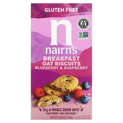 Nairn's Овсяное печенье для завтрака, черника и малина, 160 г (5,64 унции)