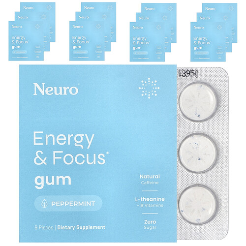 Neurogum Energy & Focus Gum, Peppermint, 12 Pack, 9 Pieces Each