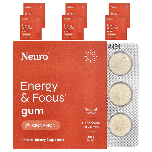NeuroGum, Energy & Focus Gum, Cinnamon, 6 Packs, 9 Pieces Each