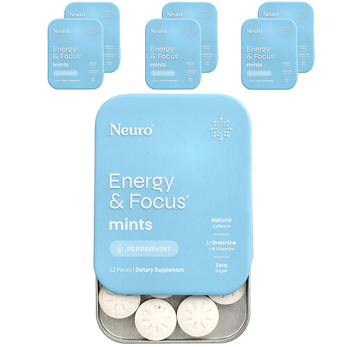 Neurogum Mints, Energy & Focus, Peppermint, 6 Packs, 12 Pieces Each