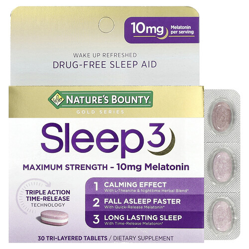 Nature's Bounty, Sleep 3, Concentración máxima, Ayuda para dormir sin fármacos, 30 comprimidos de tres capas