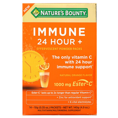 

Nature's Bounty, Immune 24 Hour + Effervescent Powder Packs, Natural Orange , 14 Packets, 0.35 oz (10 g) Each