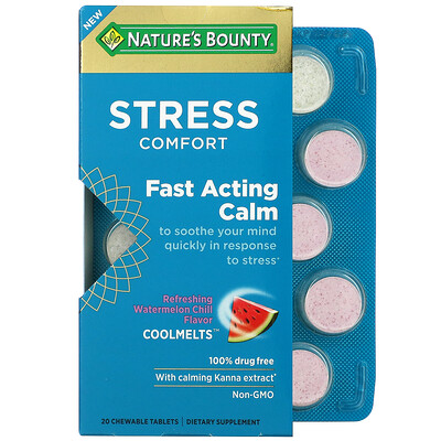 

Nature's Bounty, Stress Comfort Coolmelts, Fast Acting Calm, Refreshing Watermelon Chill, 20 Chewable Tablets