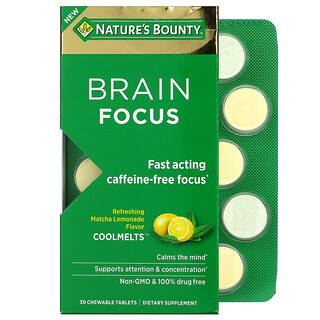 Nature's Bounty, Brain Focus Coolmelts, Match Lemonade, Caffeine-Free, 30 Chewable Tablets