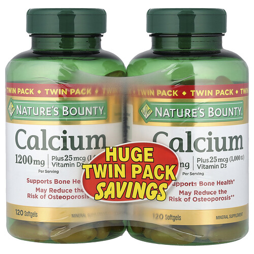 Nature's Bounty Calcium Plus Vitamin D3, 2 Bottles, 120 Softgels Each