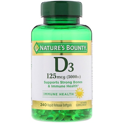 Nature's Bounty Витамин D3, 125 мкг (5000 МЕ), 240 мягких желатиновых капсул с быстрым высвобождением действующего вещества