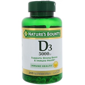 Nature's Bounty, D3, 5000 IU, 240 мягкие таблетки быстрого высвобождения