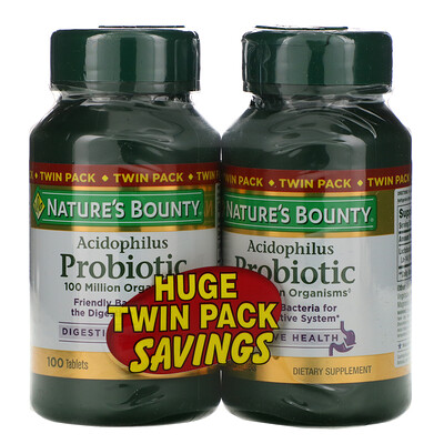 Nature's Bounty Ацидофильные пробиотики, Двойная упаковка, 100 таблеток в каждой