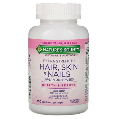Nature's Bounty Optimal Solutions, Hair, Skin & Nails, Extra Strength, 150 быстрорастворимых мягких капсул