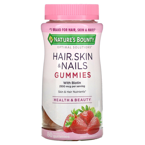 Nature's Bounty, Optimal Solutions, Hair, Skin & Nails, Strawberry, 1,250 mcg, 80 Gummies