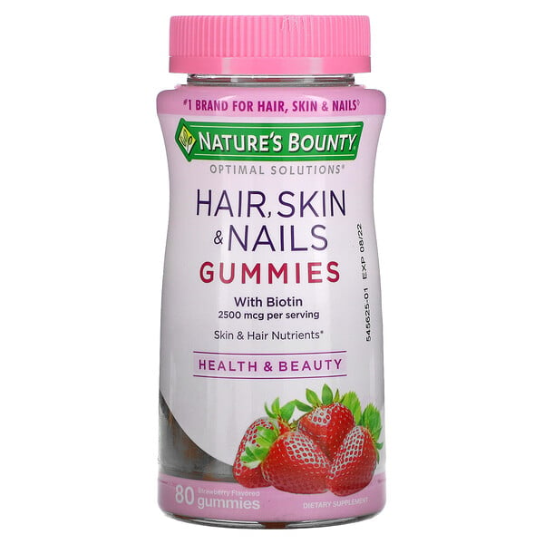 Nature's Bounty, Optimal Solutions with Biotin, Hair, Skin & Nails, Strawberry, 1,250 mcg, 80 Gummies