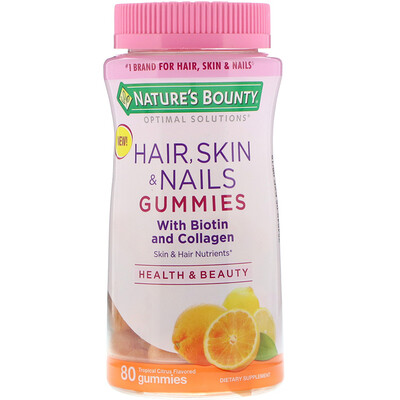 Nature's Bounty Оптимальные решения для волос, кожи и ногтей; содержит биотин и коллаген; вкус тропических цитрусовых, 80 жевательных конфет