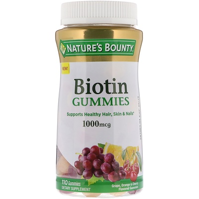 Nature's Bounty Biotin Gummies, Grape, Orange & Cherry Flavored, 1,000 mcg, 110 Gummies