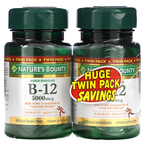 Nature's Bounty B-12, Naturally Cherry, 5,000 mcg, Twin Pack, 40 Quick Dissolve Tablets Each