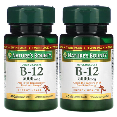 Natures Bounty B12 Naturally Cherry 5000 mcg Twin Pack 40 Quick Dissolve Tablets Each