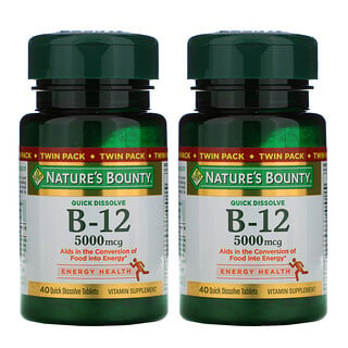 Nature's Bounty, فيتامين ب12، حزمة ثنائية، بنكهة الكرز الطبيعي، 5,000 مكجم، 40 قرصًا سريع الذوبان في كل عبوة