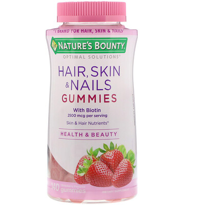 Nature's Bounty Optimal Solutions, для волос, кожи и ногтей, с ароматом клубники, 2500 мкг, 140 жевательных конфет