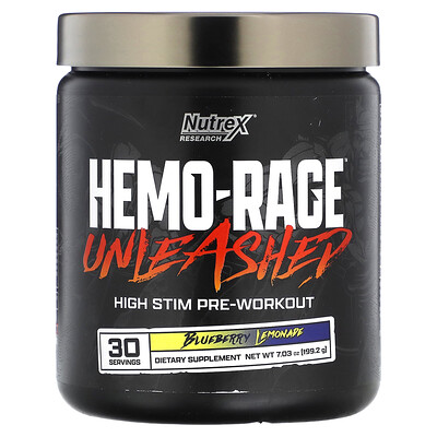 

Nutrex Research Hemo-Rage Unleashed, High Stim перед тренировкой, черничный лимонад, 199,2 г (7,03 унции)