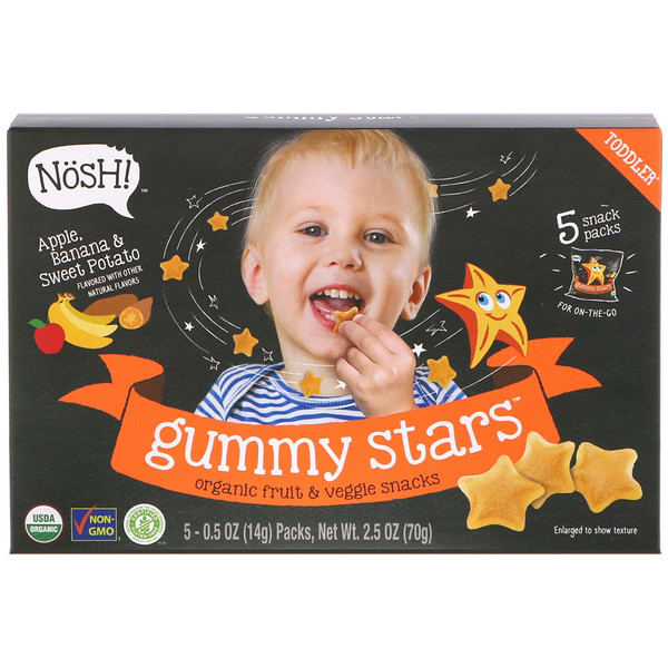 NosH!, Toddler Gummy Stars, ΠΎΡΠ³Π°Π½ΠΈΡΠ΅ΡΠΊΠΈΠ΅ ΡΡΡΠΊΡΠΎΠ²ΡΠ΅ ΠΈ ΠΎΠ²ΠΎΡΠ½ΡΠ΅ Π·Π°ΠΊΡΡΠΊΠΈ, ΡΠ±Π»ΠΎΠΊΠΎ, Π±Π°Π½Π°Π½ ΠΈ ΡΠ»Π°Π΄ΠΊΠΈΠΉ ΠΊΠ°ΡΡΠΎΡΠ΅Π»Ρ, 5 ΡΠΏΠ°ΠΊΠΎΠ²ΠΎΠΊ, ΠΏΠΎ 0,5 ΡΠ½ΡΠΈΠΈ (14 Π³) ΠΊΠ°ΠΆΠ΄Π°Ρ