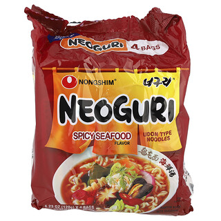 Nongshim, Neoguri, Mie Jenis Udon, Makanan Laut Pedas, 4 Kantong, Masing-Masing 120 g (4,23 ons)