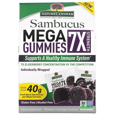 Nature's Answer Sambucus Mega Gummies 7X Strength, черная бузина, 30 жевательных, без желатина, веганских конфет