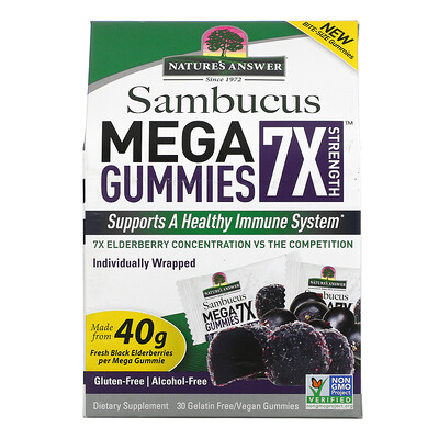 

Nature's Answer Sambucus Mega Gummies 7X Strength, черная бузина, 30 вегетарианских жевательных мармеладок без желатина