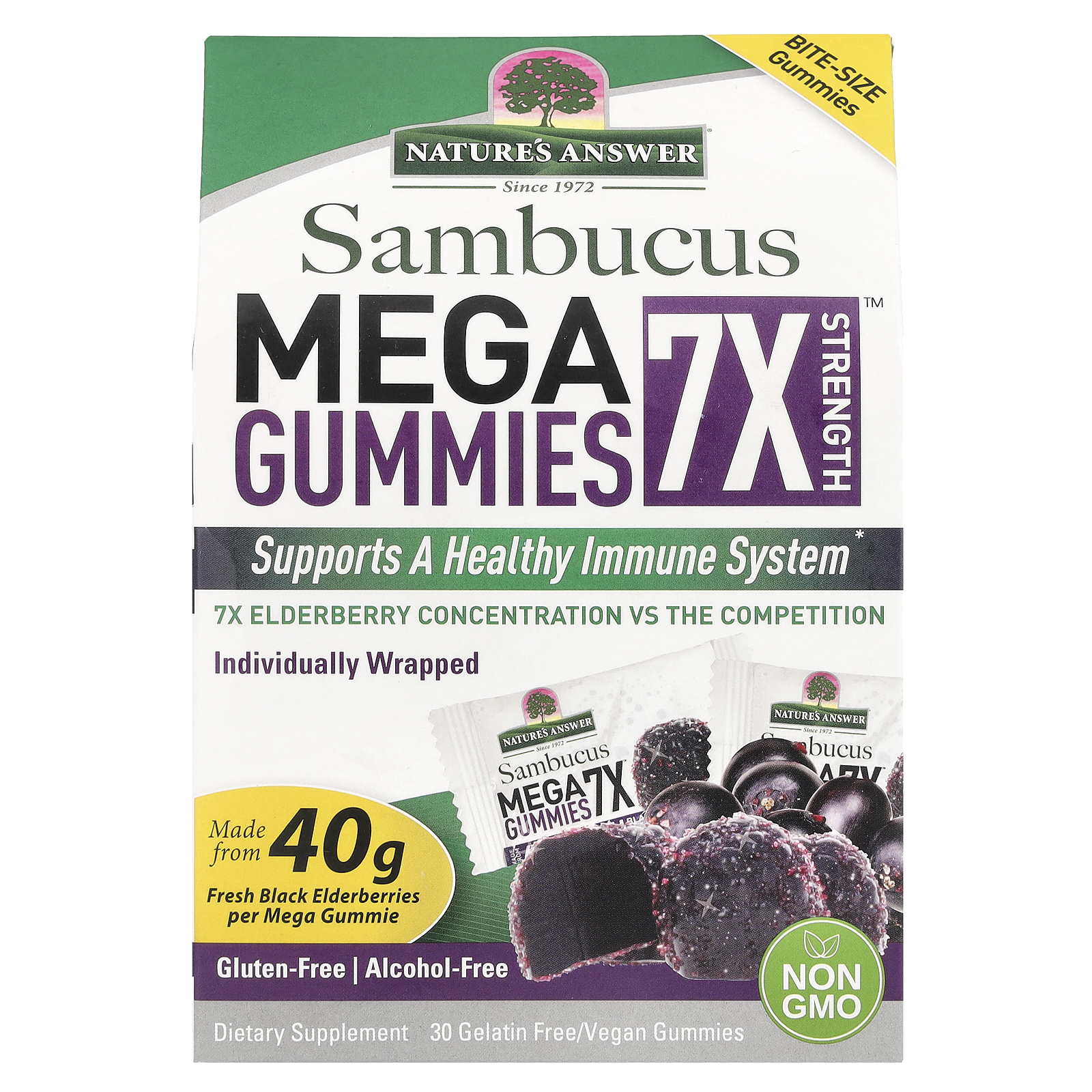 Nature's Answer (네이쳐스 앤서), Sambucus Mega Gummies 7X Strength™, 202mg, 젤라틴 무함유/비건 구미젤리 30개