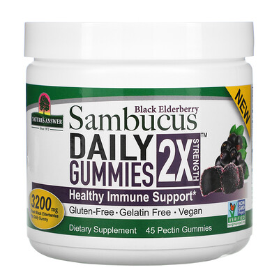 Nature's Answer Black Elderberry Sambucus Daily Gummies, 2X Strength, 3,200 mg, 45 Pectin Gummies