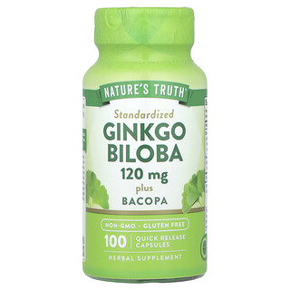 Nature's Truth, Ginkgo biloba más bacopa, 120 mg, 100 cápsulas de liberación rápida