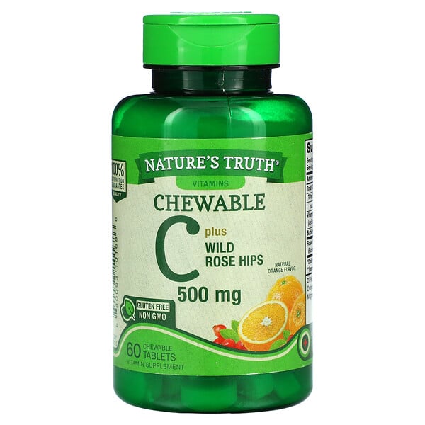 Chewable Vitamin C Plus Wild Rose Hips, Natural Orange, 500 mg, 60 Chewable Tablets